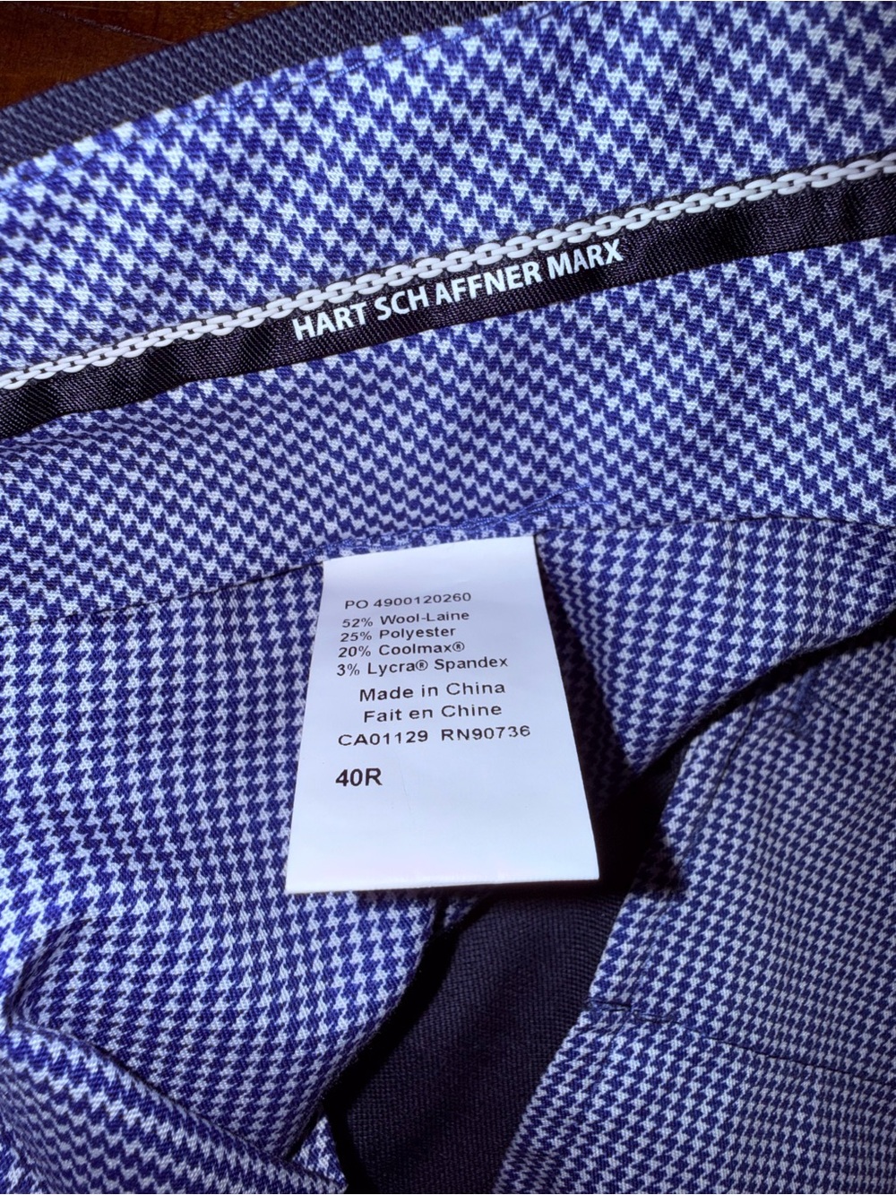 Hart Schaffner Marx 40R Blue Wool COOLMAX Stretch Dress Pants Flat Front - Picture 6 of 6